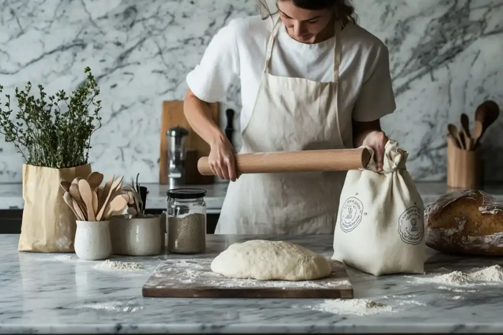 Baker shaping sourdough dough on a floured surface