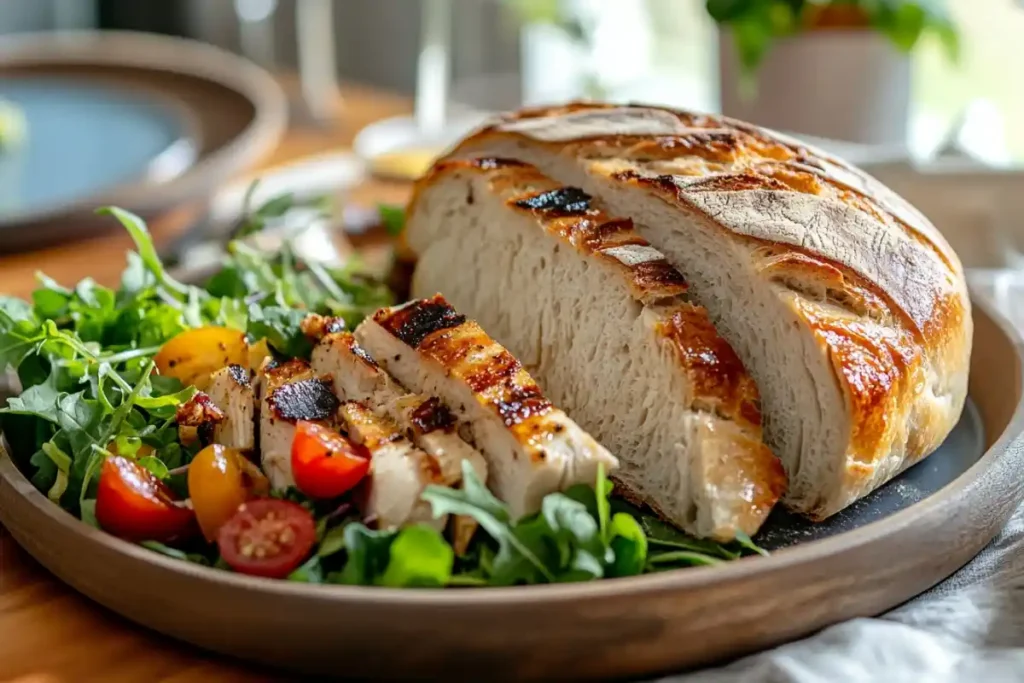 Sourdough bread served with salad and grilled chicken