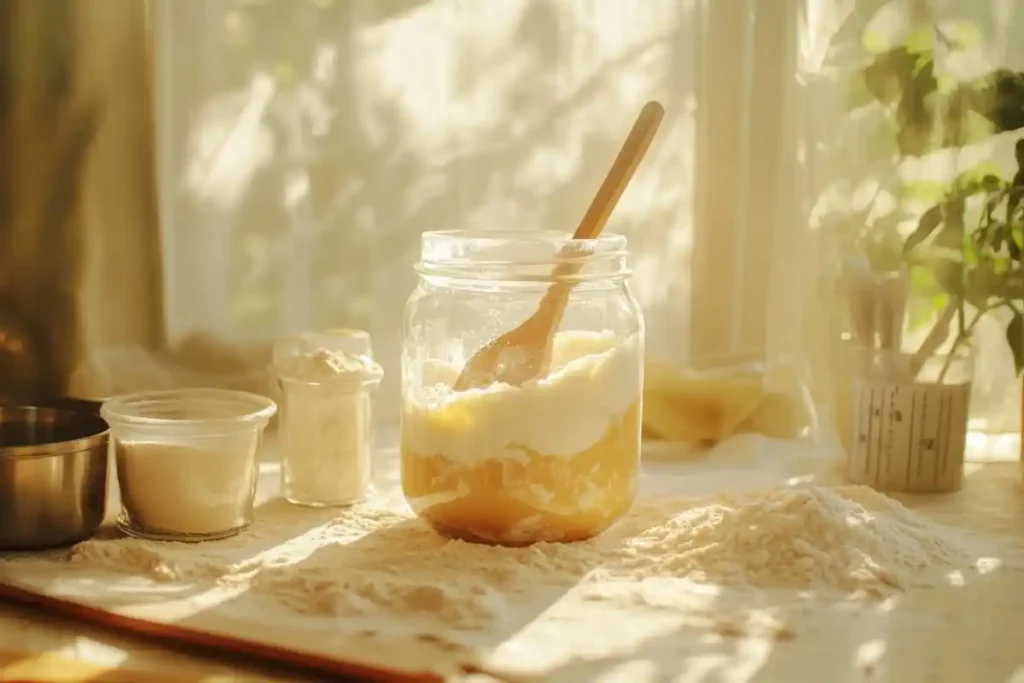 Sourdough starter in a glass jar with wooden spoon