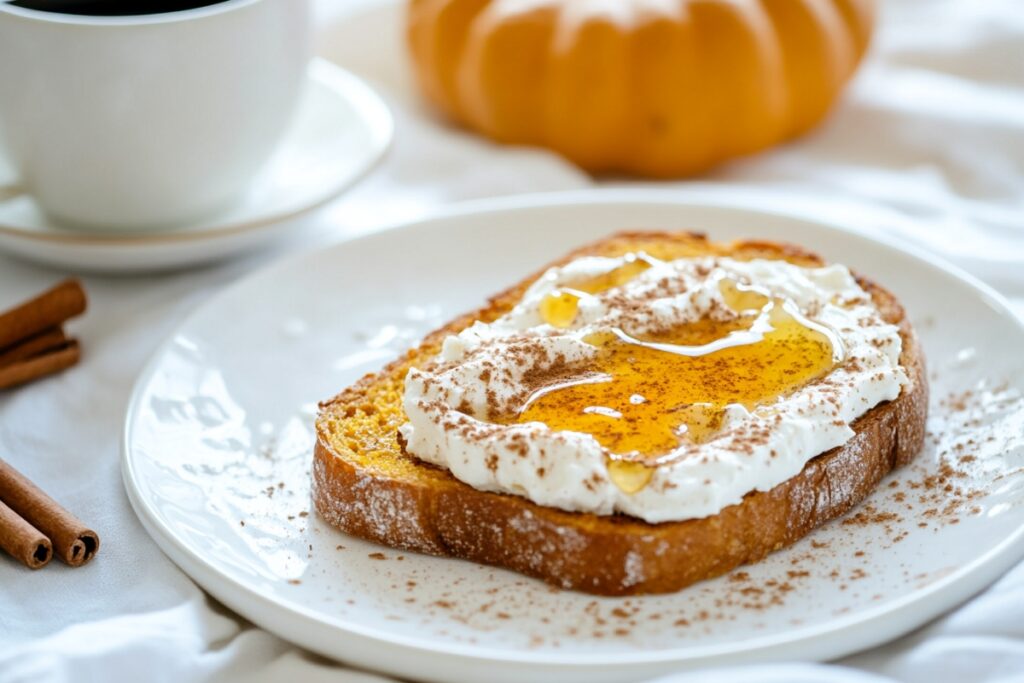 Toasted pumpkin sourdough bread with cream cheese and honey