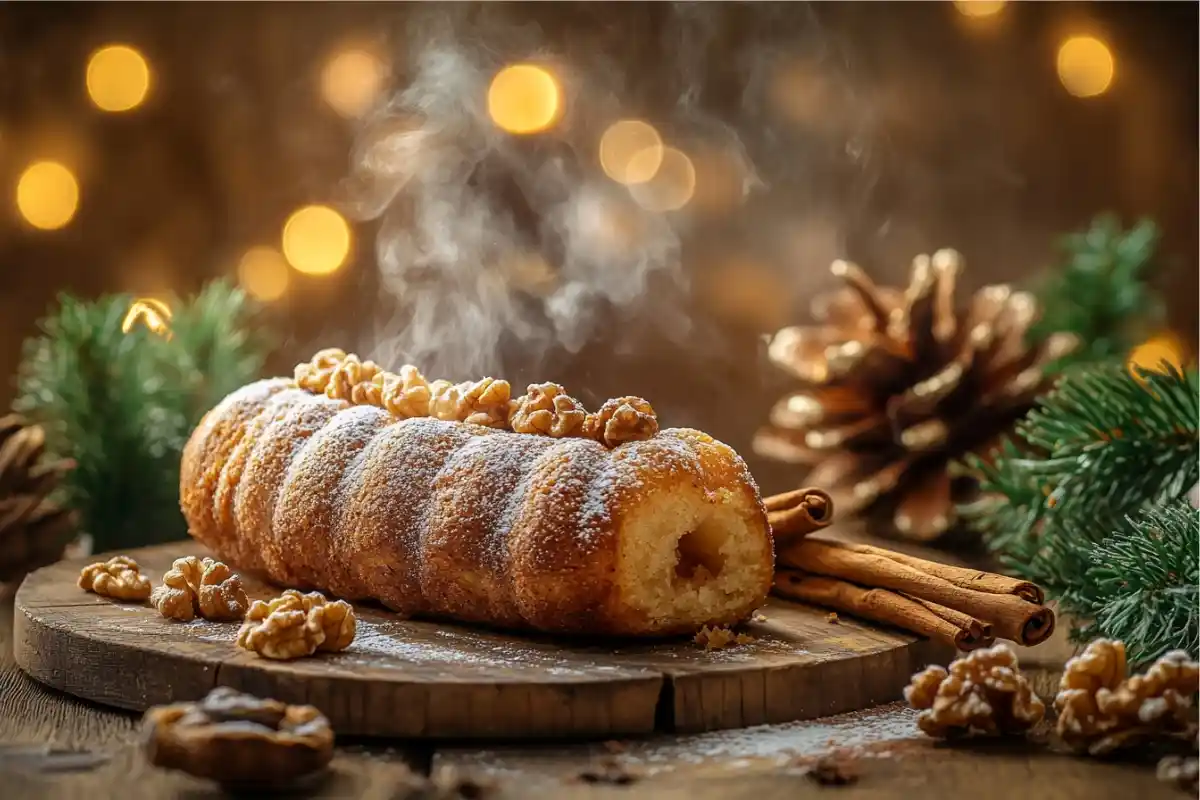 Freshly baked chimney cake with caramelized crust and walnuts