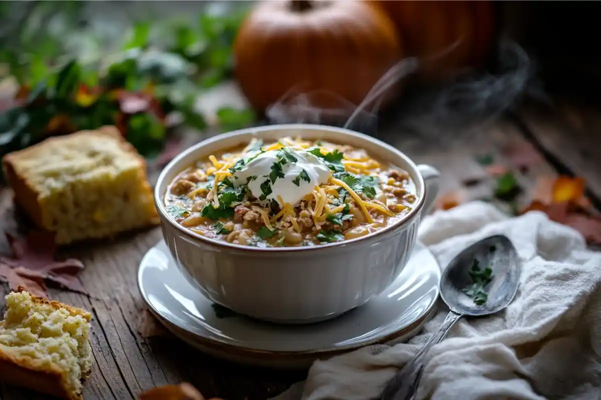 Steaming bowl of turkey chili with cheese and cornbread on a rustic table.