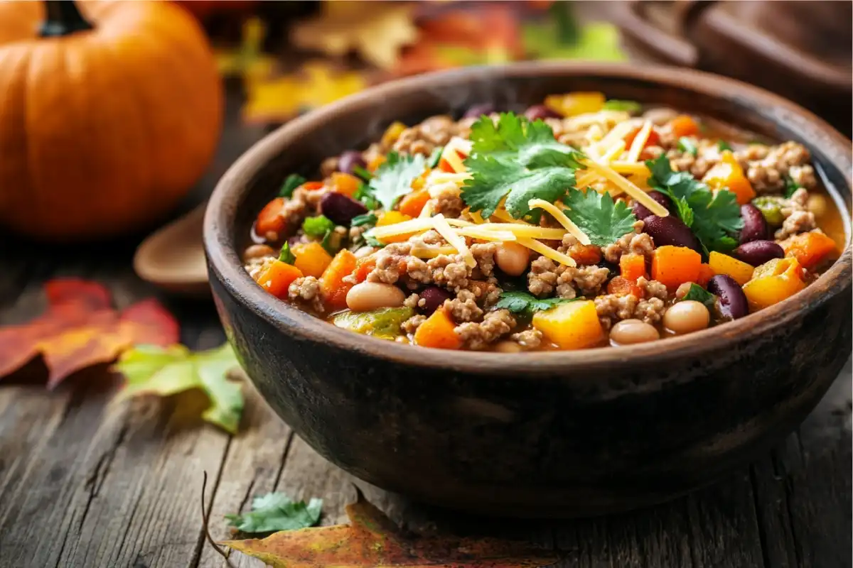 A warm bowl of turkey chili garnished with cheese and cilantro on a rustic autumn table.