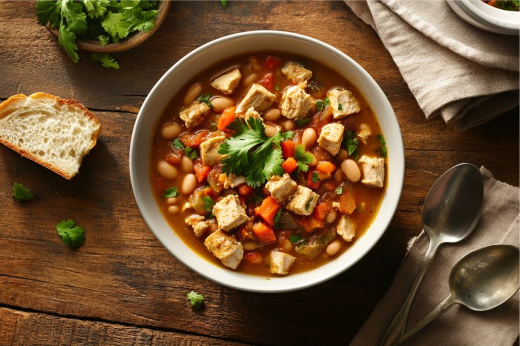 Steaming bowl of turkey chili with beans and vegetables on a rustic table.