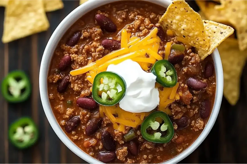 Turkey chili topped with jalapeños, cheese, and sour cream, served with tortilla chips.