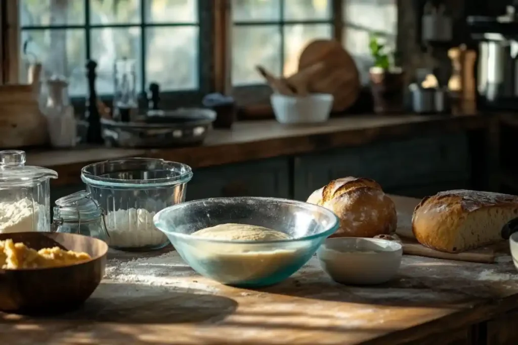 A selection of bowls with rising sourdough dough and freshly baked bread.