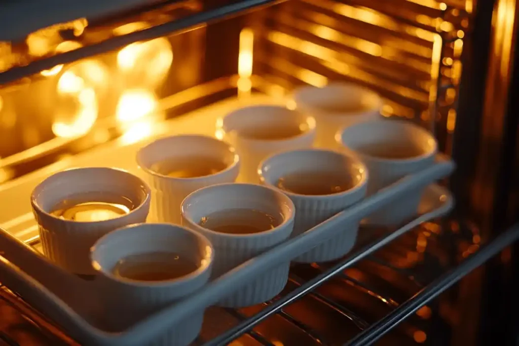 A water bath with ramekins filled for seafood brulee baking
