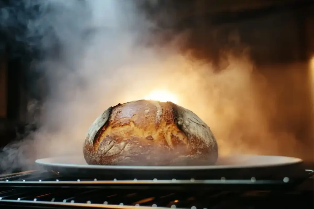 Sourdough French bread baking in an oven with steam visible.