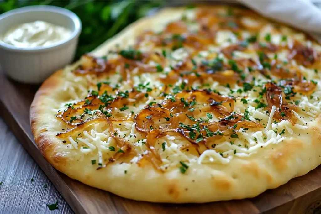 Sweet and Savory Flatbread Topped with Onions and Cheese