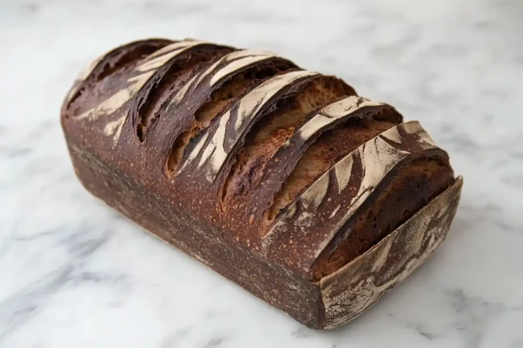 Sliced chocolate sourdough bread with swirls of dark chocolate