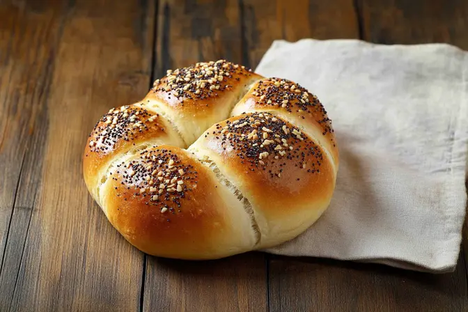 Close-up of a Kaiser roll showing its signature star design.