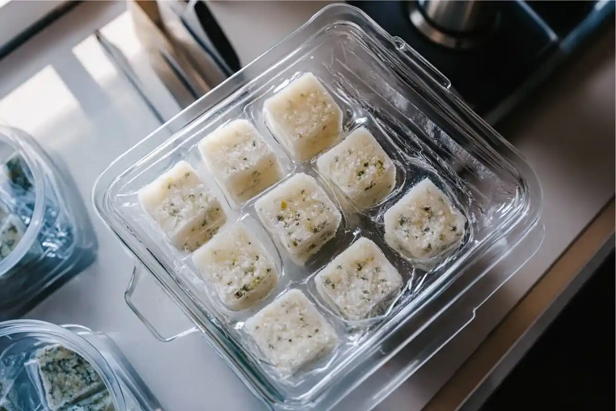 Frozen cubes of the final homemade fish food recipe stored in a container