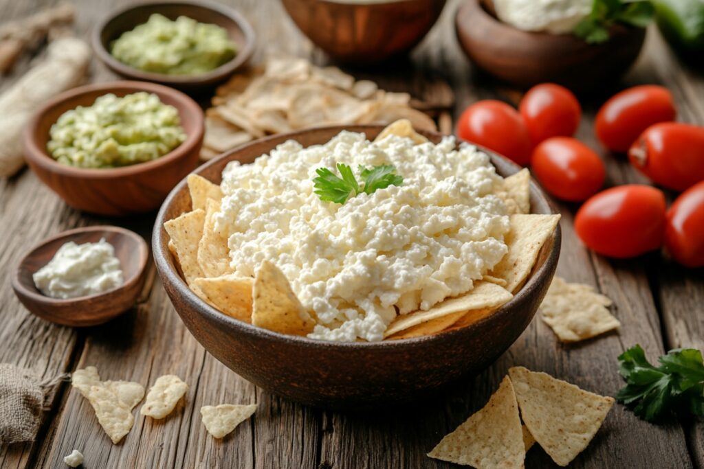 Cottage cheese chips served with guacamole, salsa, and tzatziki dips