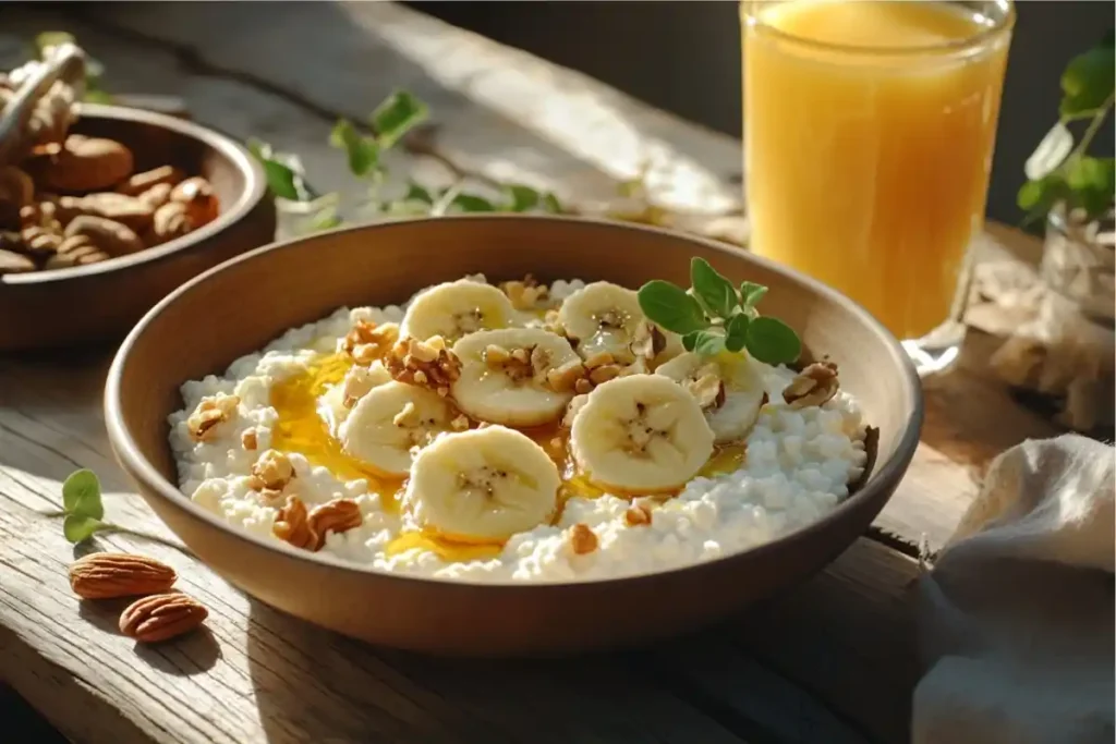 Healthy breakfast bowl with cottage cheese, banana slices, and honey