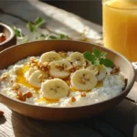 Healthy breakfast bowl with cottage cheese, banana slices, and honey