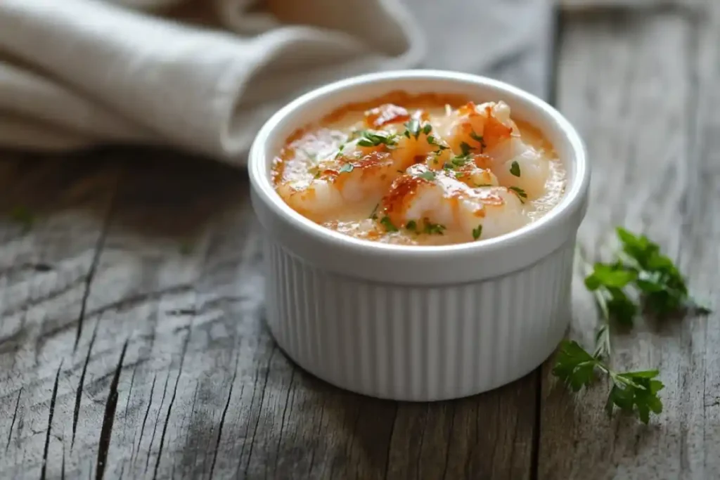 Crab brulee recipe in a ramekin with caramelized top