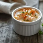 Crab brulee recipe in a ramekin with caramelized top