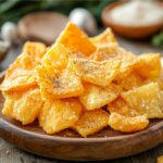 Golden, crispy cottage cheese chips on a wooden plate