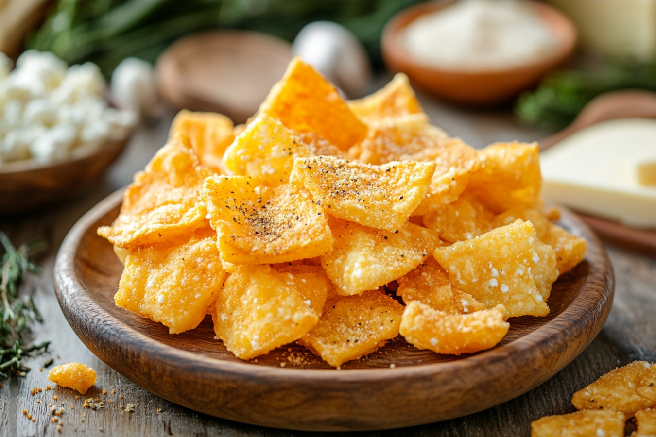 Golden, crispy cottage cheese chips on a wooden plate