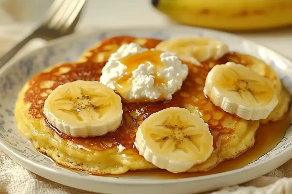 Cottage cheese banana pancakes with syrup and bananas