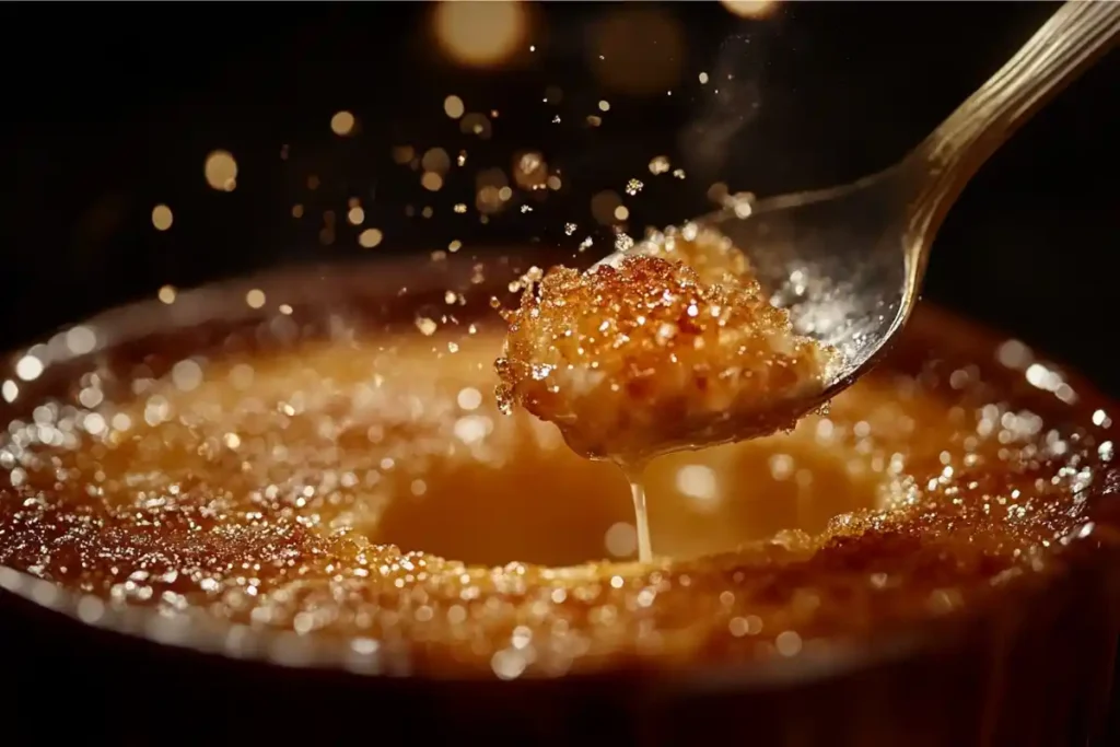 A spoon cracking through the sugar crust of a crab brulee recipe