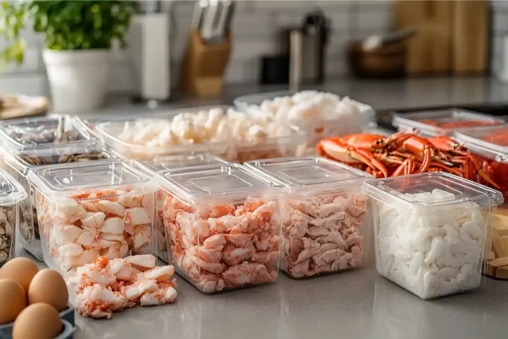 Various types of crab meat in clear plastic containers arranged on a kitchen countertop, including jumbo lump, claw, and shredded crab meat, with fresh whole crabs and other cooking ingredients like eggs in the background.