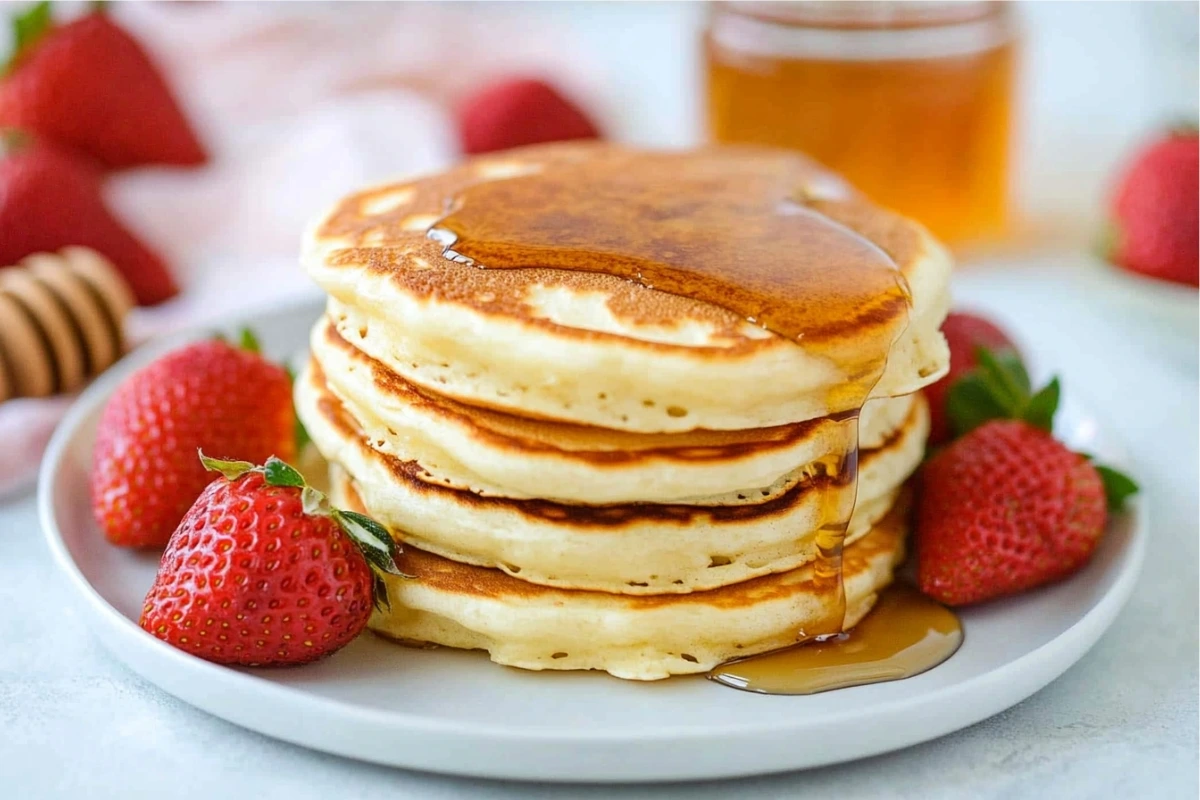 Mini pancakes stacked with fresh fruit