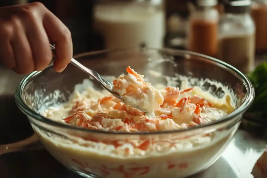 Lump crab meat being folded into custard for crab brulee recipe