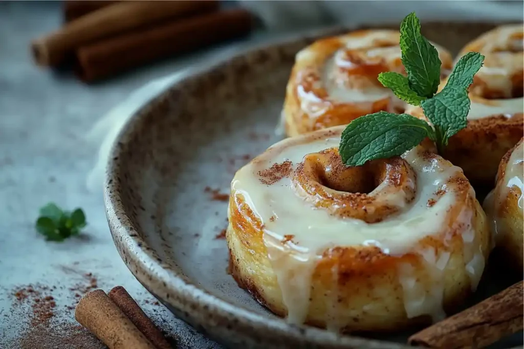 Close-up of freshly baked healthy cinnamon rolls with light icing.