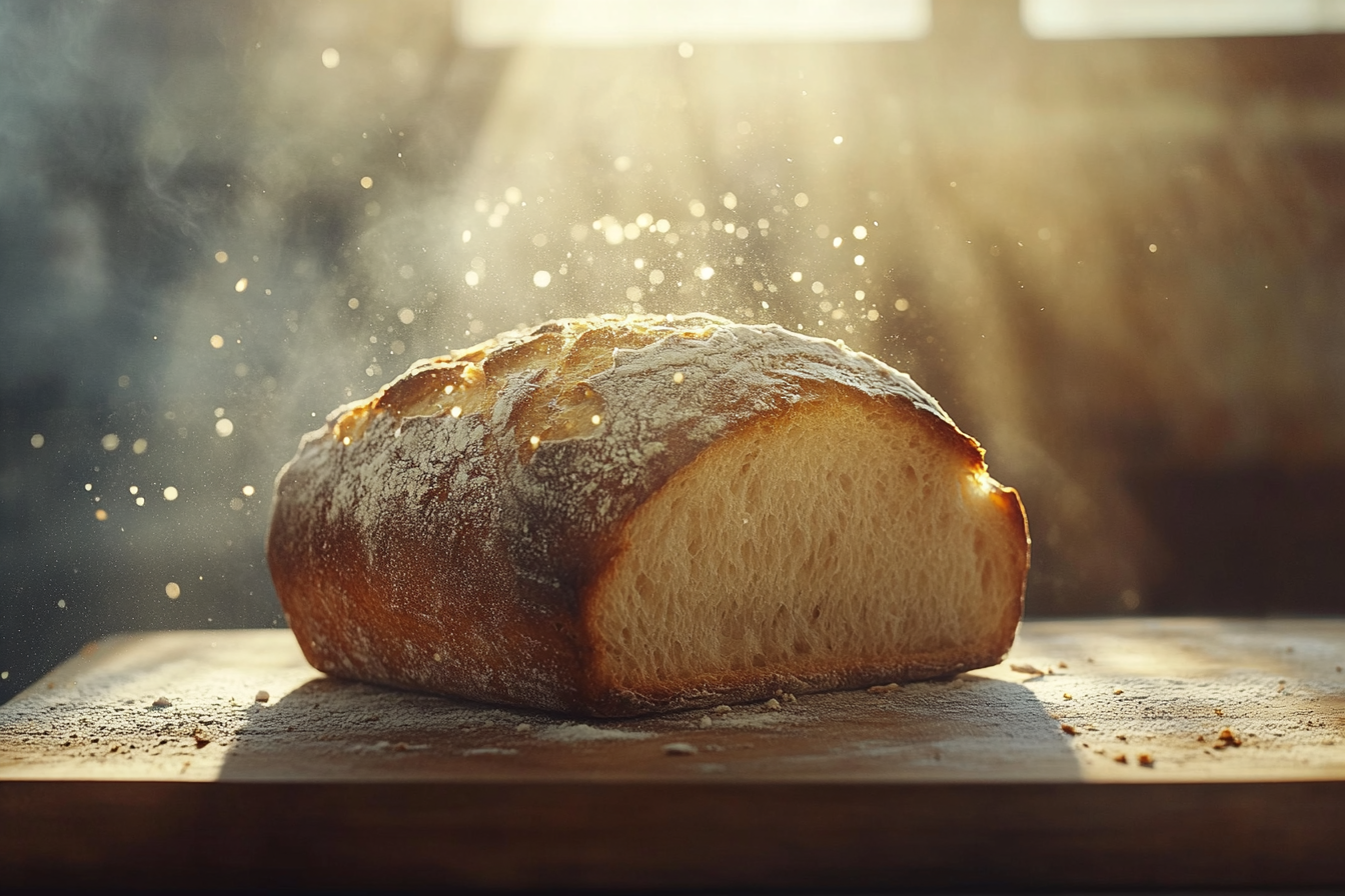 A freshly baked loaf of bread sits on a wooden surface with flour scattered around it, illuminated by soft light.