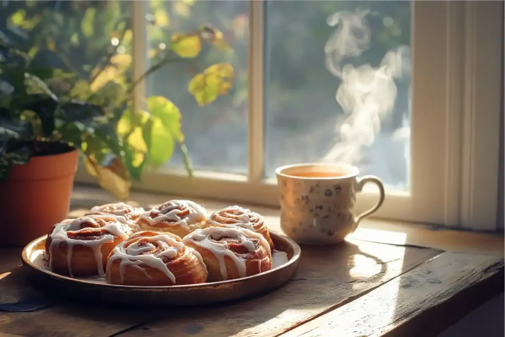 Golden-brown healthy cinnamon rolls with light icing on a wooden table.