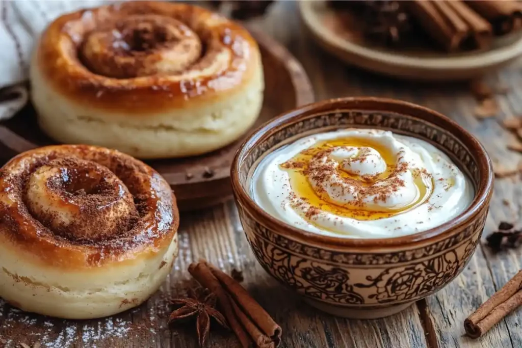 Greek yogurt honey topping with a cinnamon roll.