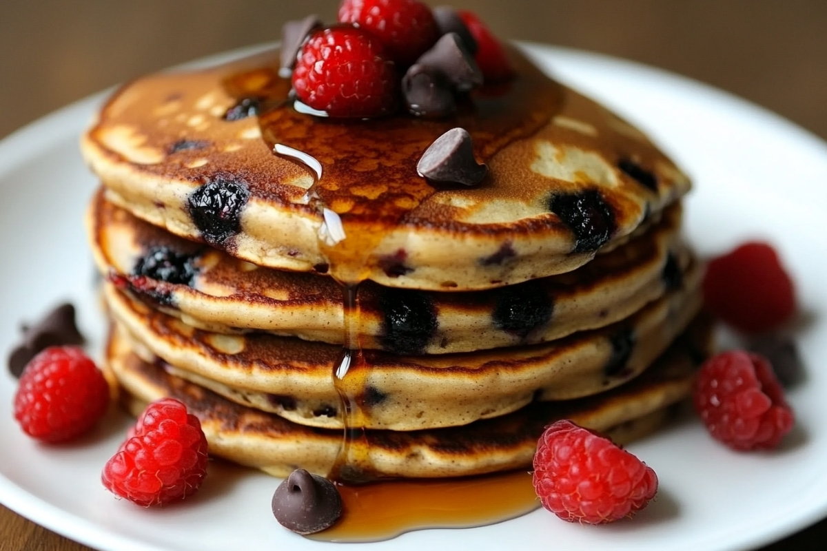 A stack of chocolate chip pancakes with syrup Title: Fluffy Stack of Chocolate Chip Pancakes