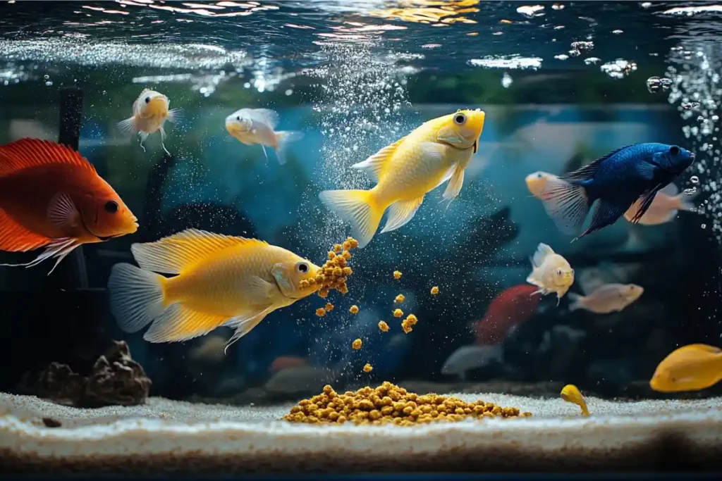 Feeding fish in an aquarium