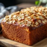 A golden-brown loaf of bread topped with rolled oats sits on a wooden cutting board.