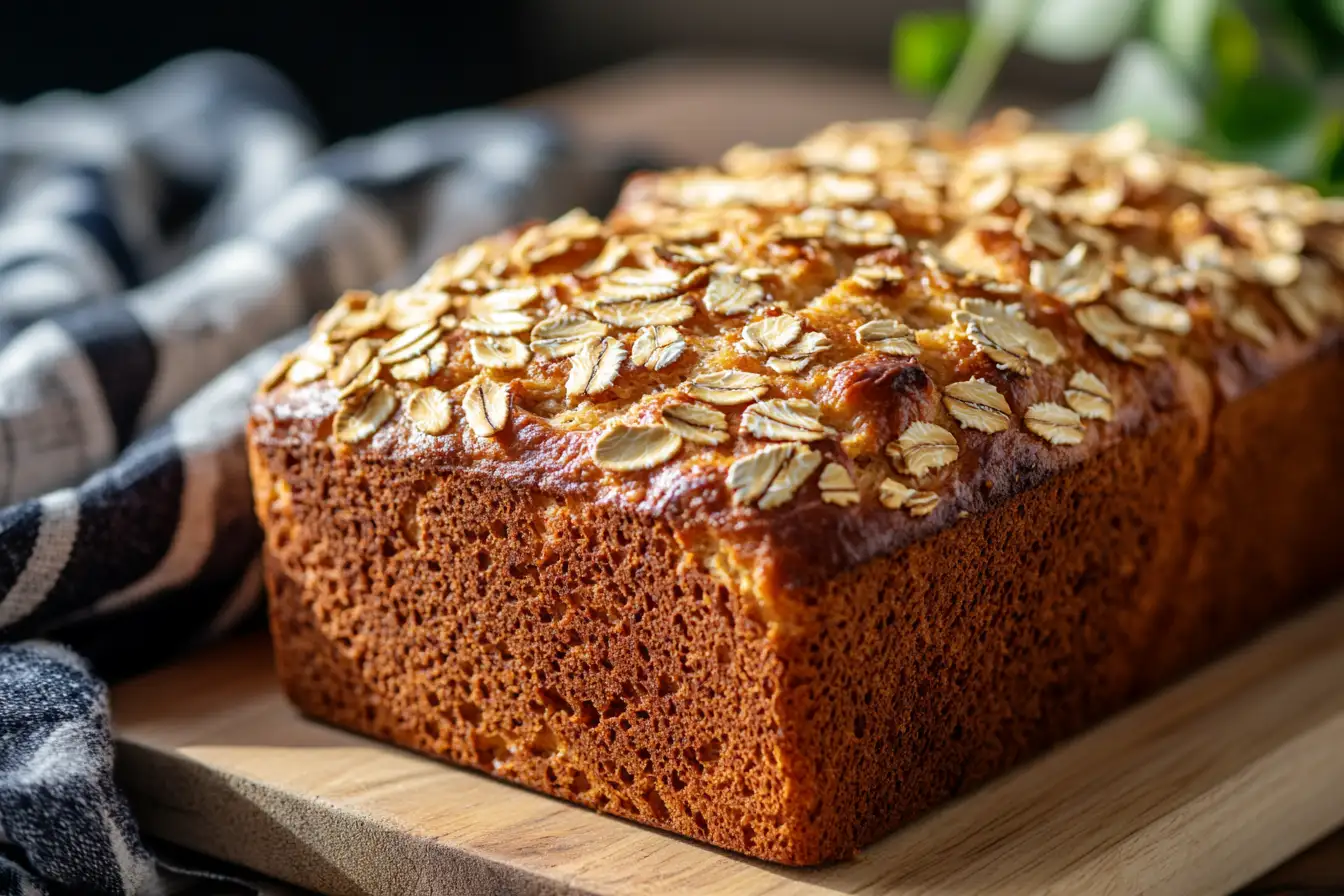 A golden-brown loaf of bread topped with rolled oats sits on a wooden cutting board.