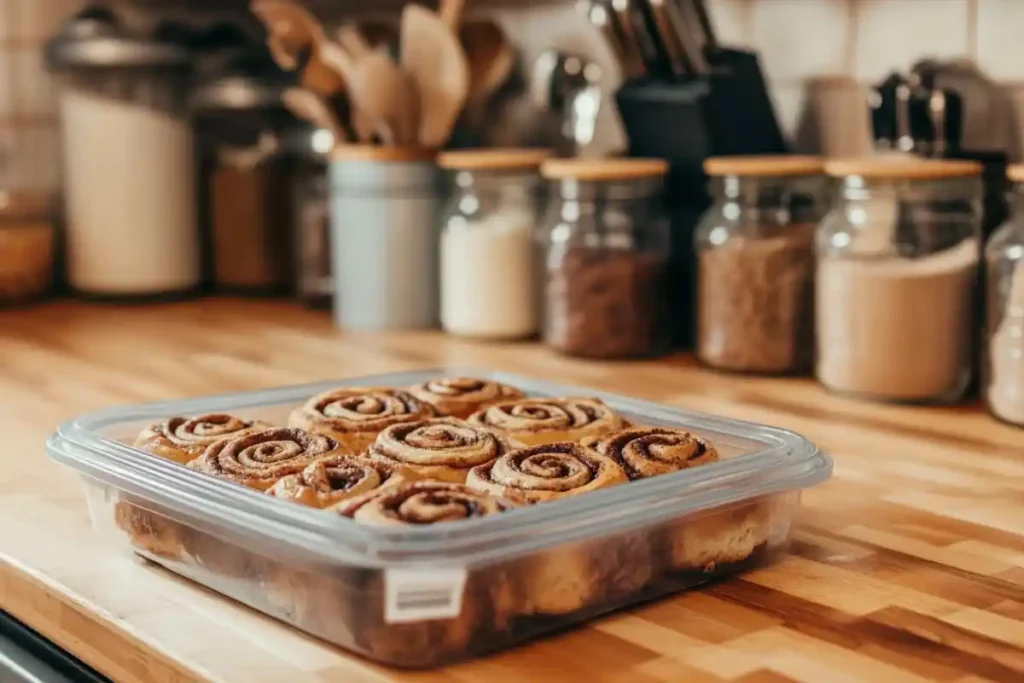 Leftover cinnamon rolls stored in an airtight container