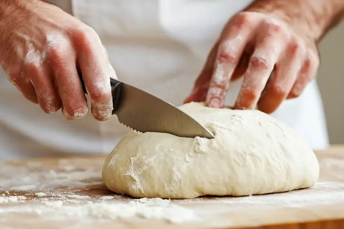 Freshly baked Kaiser rolls being scored with a knife.