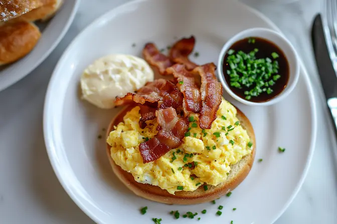 A Kaiser roll served with scrambled eggs and breakfast meat.