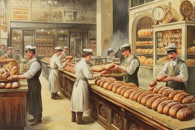 Historical image depicting a Viennese bakery with kaiser rolls