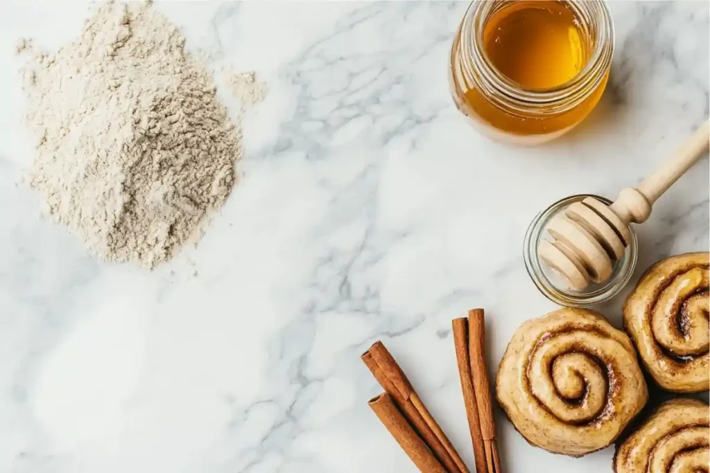 Whole wheat flour, cinnamon sticks, Greek yogurt, honey, and coconut oil for healthy cinnamon rolls