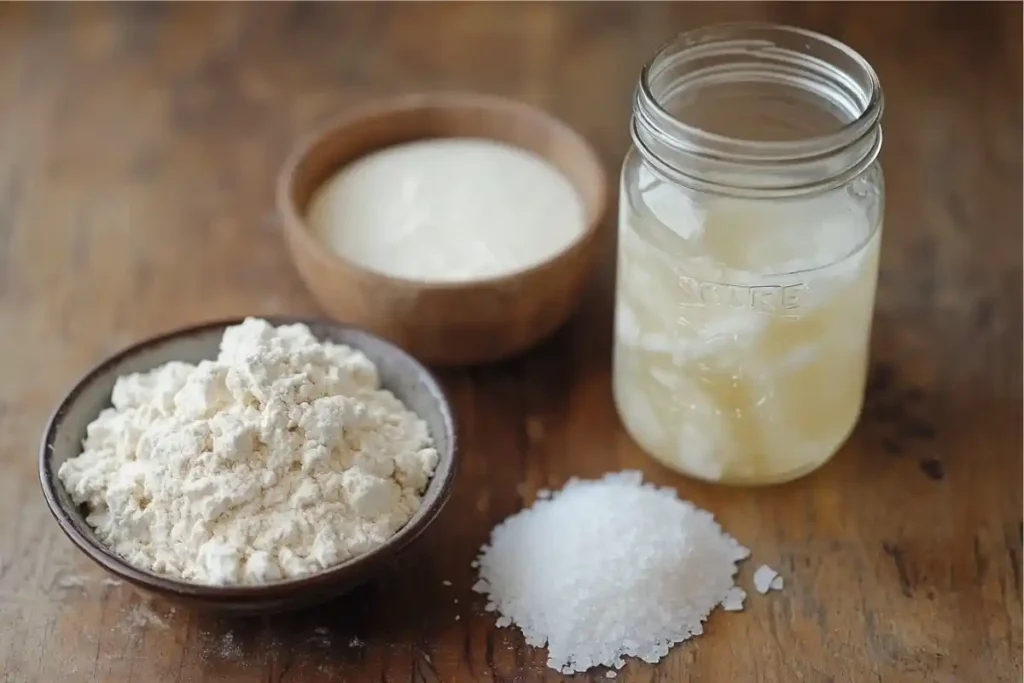 High quality baking ingredients, including flour, salt, and a jar of sourdough starter