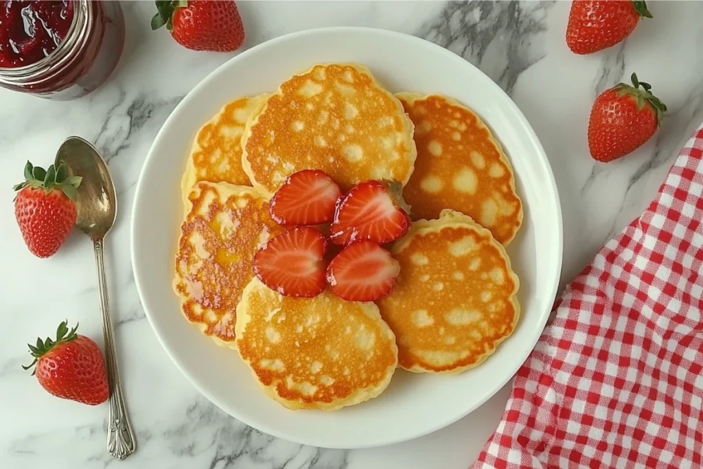 A platter of mini pancakes with assorted toppings