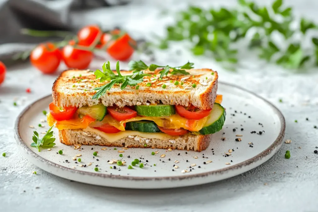 A fresh vegetable sandwich with cheese on a plate surrounded by cherry tomatoes and greenery.