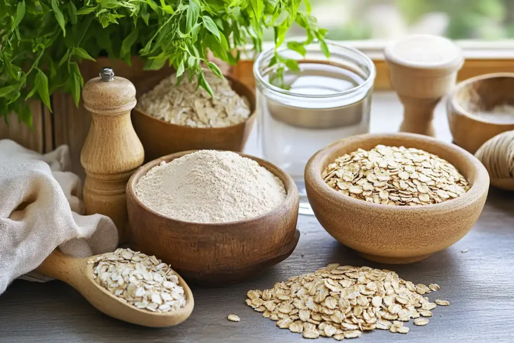 Various types of oats and flour are arranged on a kitchen countertop with herbs in the background.