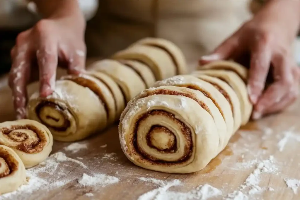 Baker rolling out dough with cinnamon filling for healthy cinnamon rolls