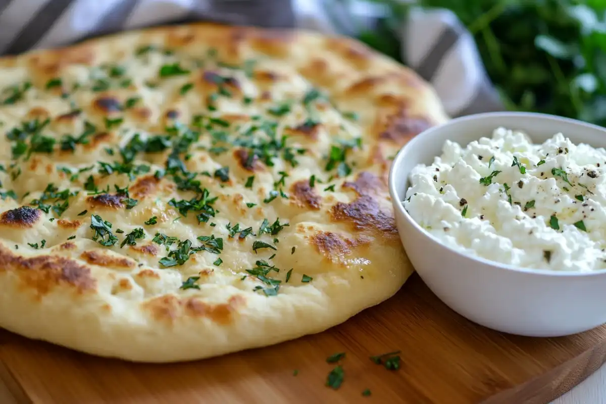 Cottage Cheese and Egg Flatbread on a Rustic Cutting Board