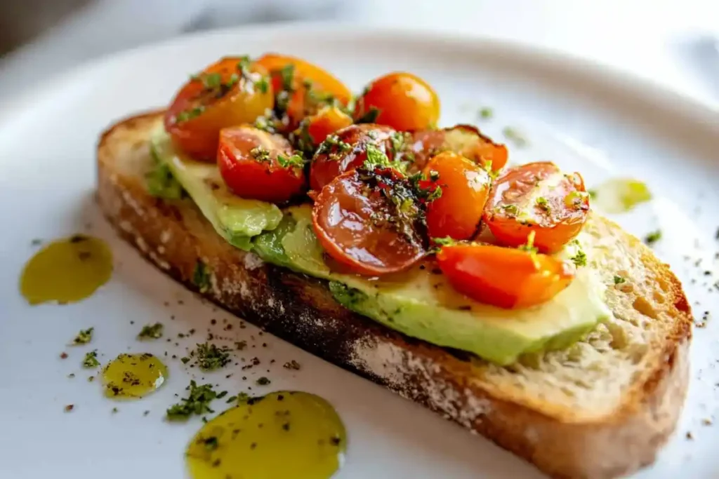 Toasted sourdough bread topped with avocado, cherry tomatoes, and olive oil.