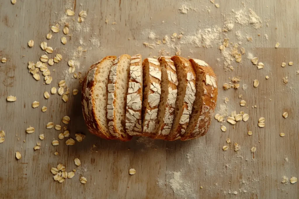 A loaf of sliced bread with scattered oats on a wooden surface.