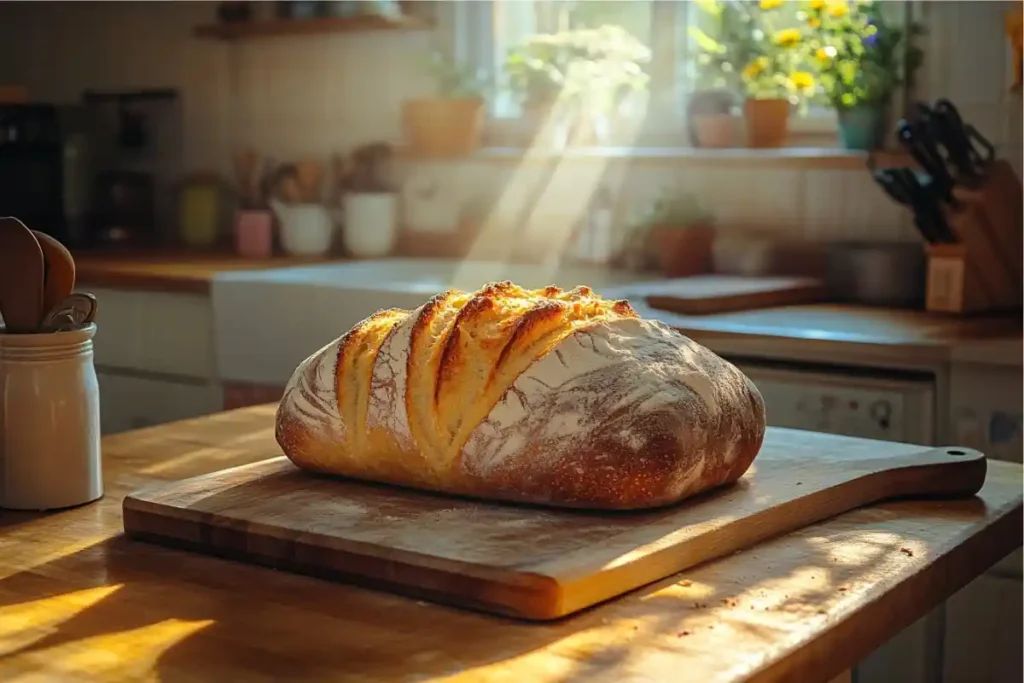 A freshly baked loaf of artisan bread on a rustic wooden cutting board